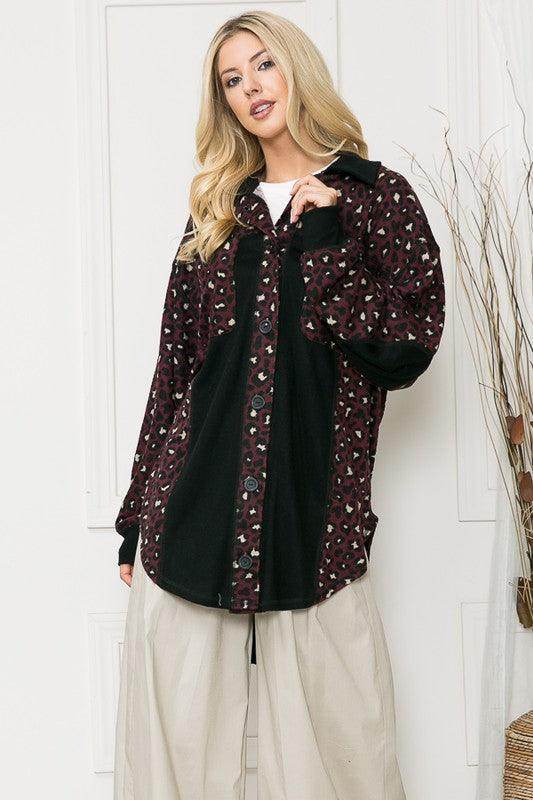 Women's elbow patch shacket shirt in burgundy and black with a stylish design from Orange Farm Clothing