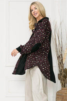 Orange Farm Clothing elbow patch shacket shirt in black and burgundy leopard print with stylish oversized fit