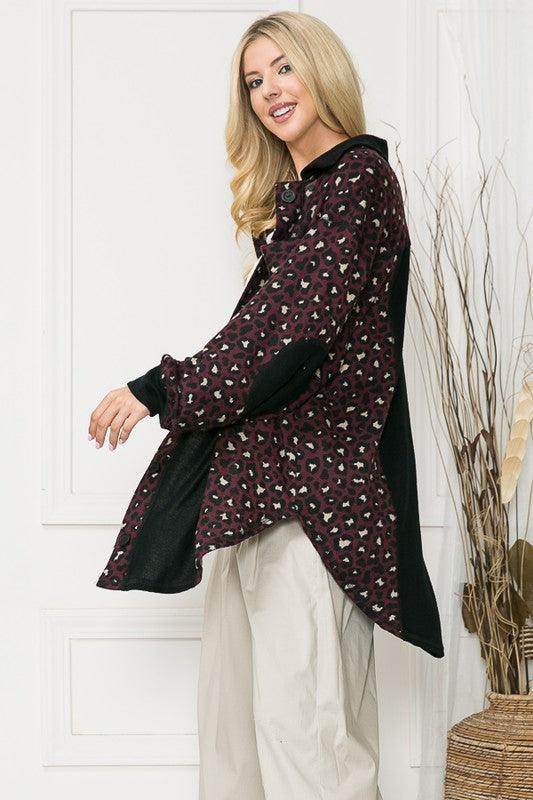 Orange Farm Clothing elbow patch shacket shirt in black and burgundy leopard print with stylish oversized fit