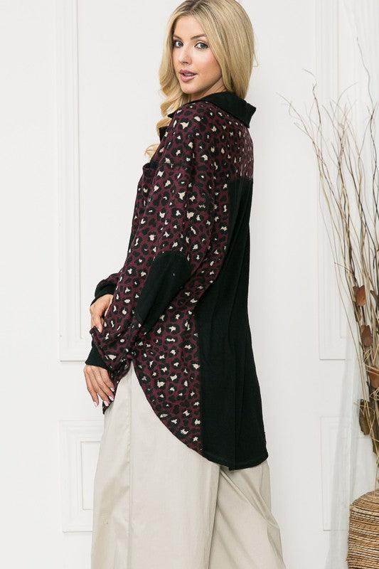 Stylish Women's elbow patch shacket shirt in black and burgundy floral pattern for fashionable layering