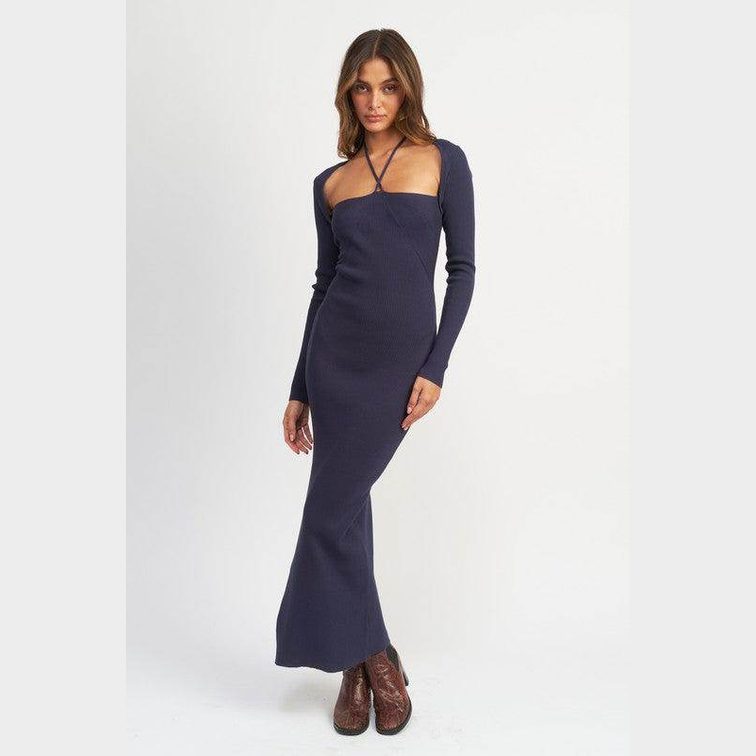 Emory Park elegant halter dress in navy blue with a fitted silhouette and long sleeves