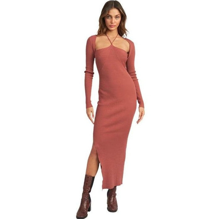 Emory Park elegant halter dress in rust color with long sleeves and side slit for a chic look