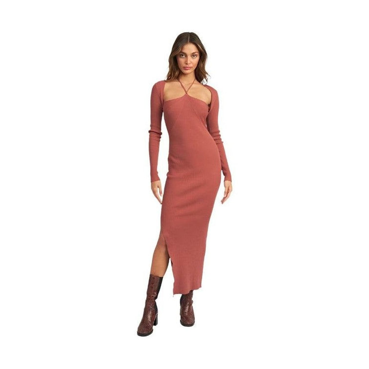 Emory Park elegant halter dress in rust color with long sleeves and side slit for a chic look