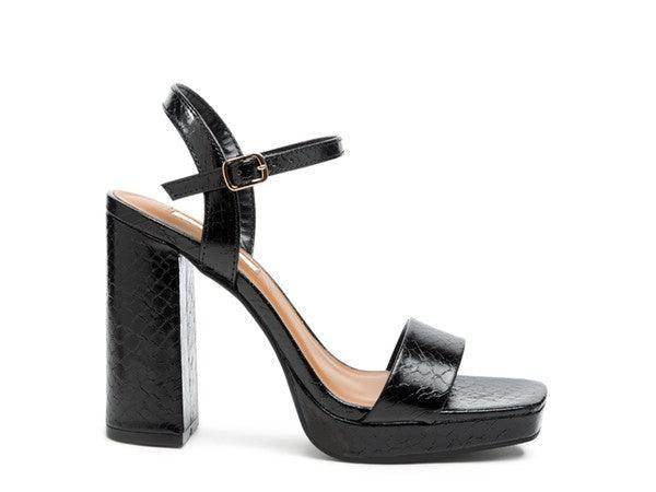 Rag Company elegant high heel footwear in black with a stylish block heel and ankle strap