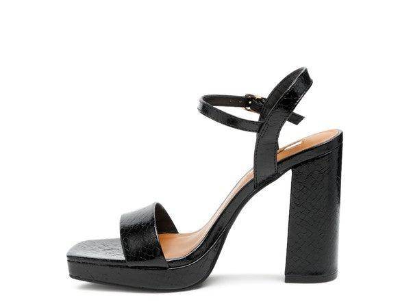 Rag Company elegant high heel footwear in black with a chunky heel and ankle strap design