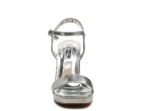 Rag Company elegant high heel footwear in silver with ankle strap and shiny finish