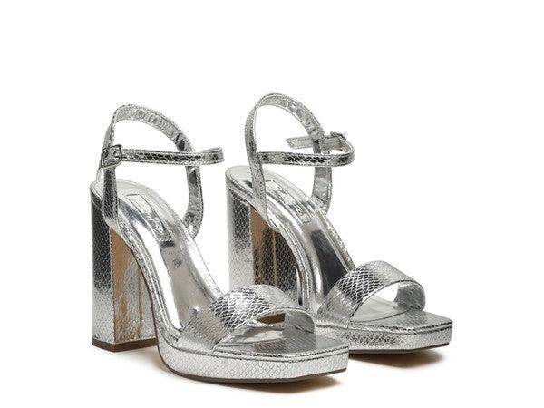 Rag Company elegant high heel footwear in silver with stylish ankle straps and chunky heels