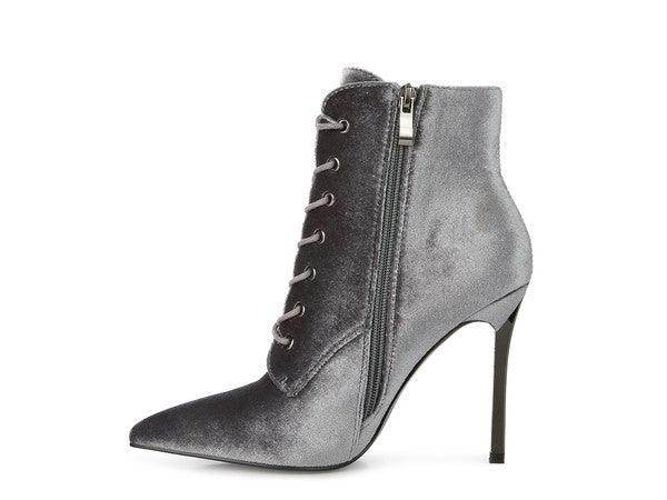 Rag Company elegant high heeled boots with a sleek gray design and stylish lace and zipper details
