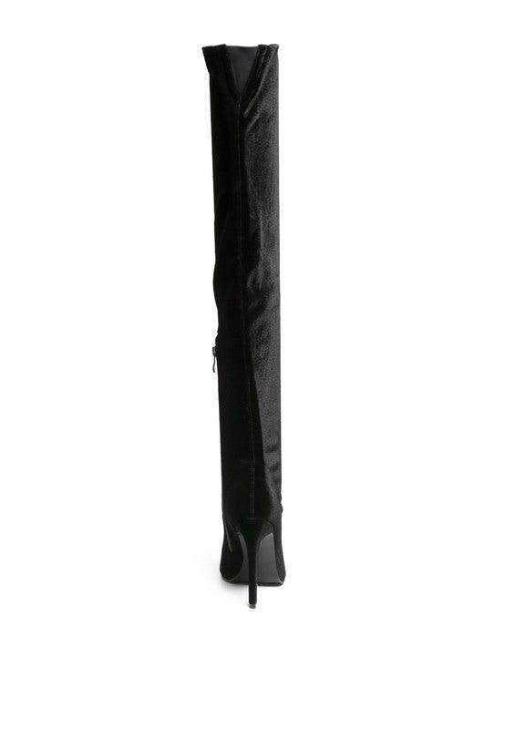 Stylish black elegant stiletto boots for women with a sleek thigh-high design and zipper closure