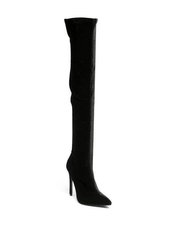 Rag Company elegant stiletto boots for women featuring a high thigh design and sleek black finish