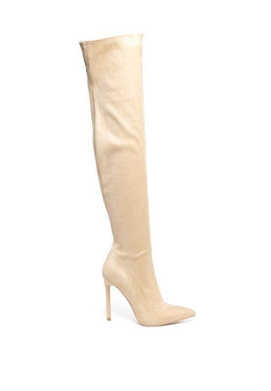 Beige elegant stiletto boots for women with a thigh-high design and pointed toe for a stylish look