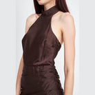 Emory Park elegant summer dress in brown satin with halter neck and ruched detailing