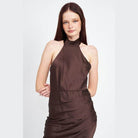Emory Park elegant summer dress in brown with halter neck design and ruched detail