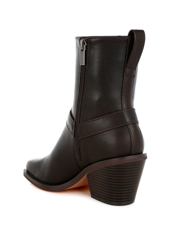 Rag Company elevated harness ankle boots in dark brown with a stylish heel and zipper detail