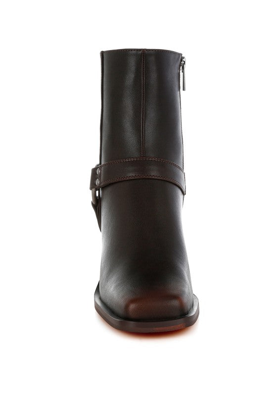 Rag Company elevated harness ankle boots in dark brown with side zipper and strap detail