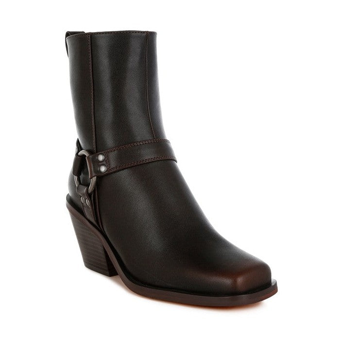Rag Company elevated harness ankle boots in brown leather with a stylish heel and adjustable strap
