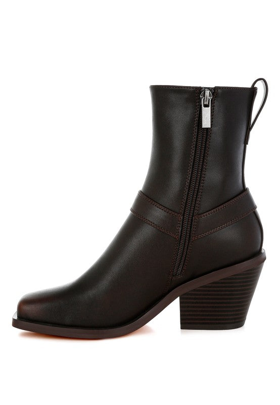 Rag Company Elevated Harness Ankle Boots in Dark Brown with a Stylish Zipper and Chunky Heel