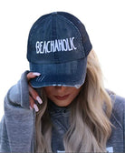 Ocean and 7th embroidered beach hat in navy, featuring 'BEACHAHOLIC' text and distressed details