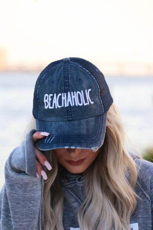 Ocean and 7th embroidered beach hat in denim with stylish Beachaholic text for summer outings
