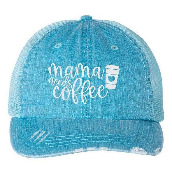 Ocean and 7th embroidered trucker hat in light blue with 'mama needs coffee' design