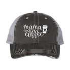 Ocean and 7th embroidered trucker hat with the text mama needs coffee in white on a dark background