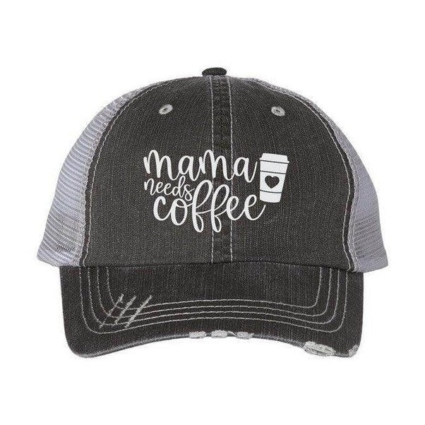 Ocean and 7th embroidered trucker hat with the text mama needs coffee in white on a dark background