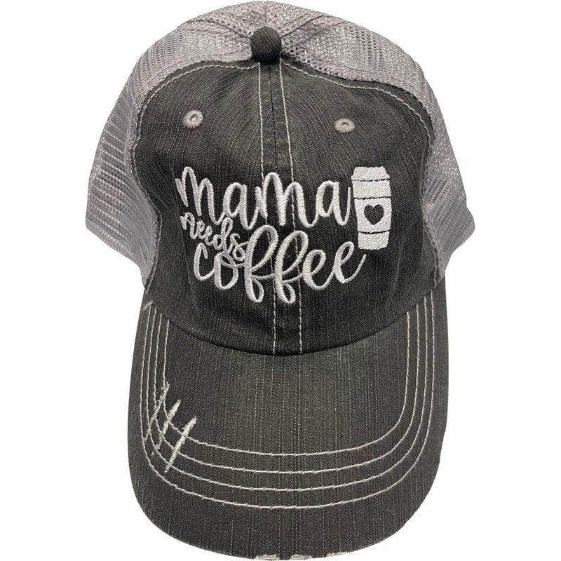 Ocean and 7th embroidered trucker hat in gray with 'Mama needs coffee' design