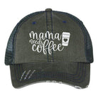 Ocean and 7th embroidered trucker hat featuring 'mama needs coffee' design with a coffee cup graphic