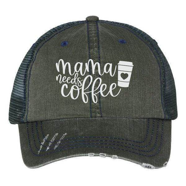Ocean and 7th embroidered trucker hat featuring 'mama needs coffee' design with a coffee cup graphic