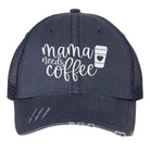 Ocean and 7th embroidered trucker hat in navy with 'mama needs coffee' design for stylish women