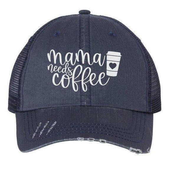 Ocean and 7th embroidered trucker hat in navy with 'mama needs coffee' design for stylish women