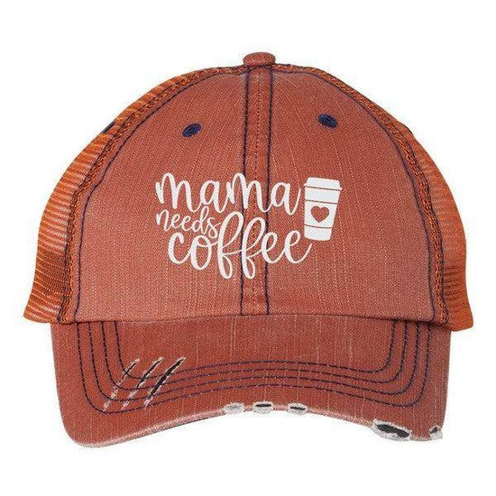 Ocean and 7th embroidered trucker hat in rust with 'Mama Needs Coffee' design for stylish women