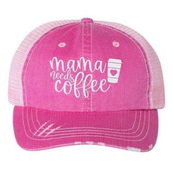 Pink embroidered trucker hat with 'Mama Needs Coffee' design for stylish coffee lovers