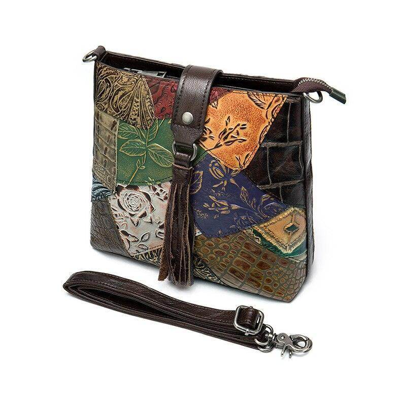 VacationGrabs ethnic patchwork handbag with a stylish leather strap and vibrant mixed patterns