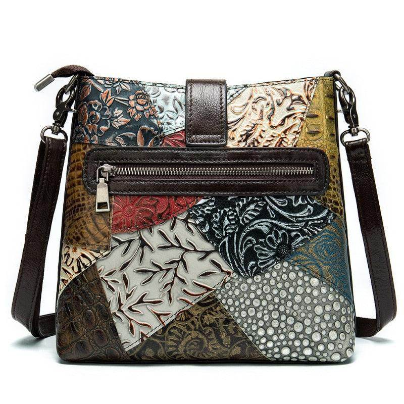 Ethnic patchwork handbag featuring vibrant colors and intricate designs for a stylish accessory.