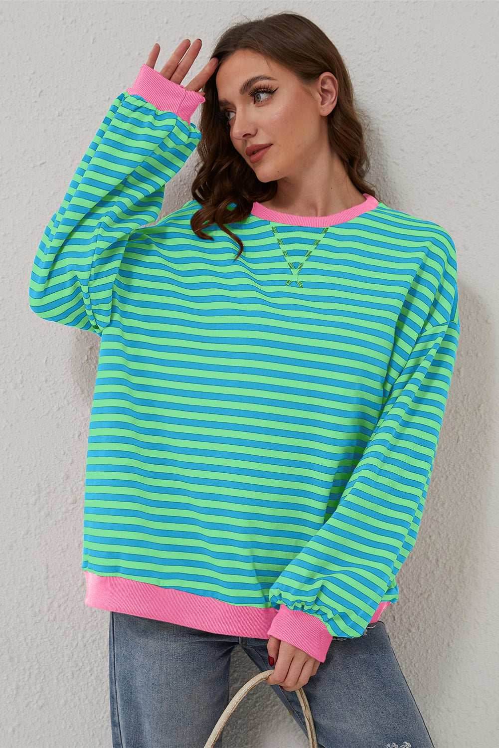 Sky Blue Stripe Oversized Contrast Trim Pullover Sweatshirt - VacationGrabs
