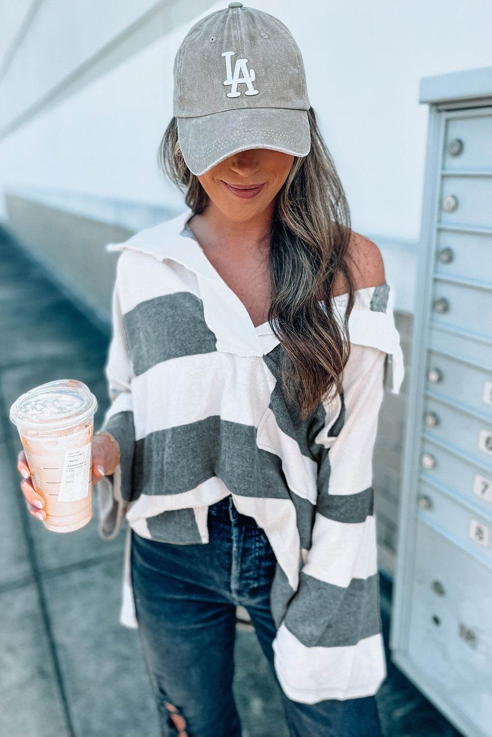 Stripe Oversized Collared Long Sleeve Top - VacationGrabs