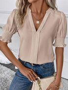 Notched Short Sleeve Blouse - VacationGrabs