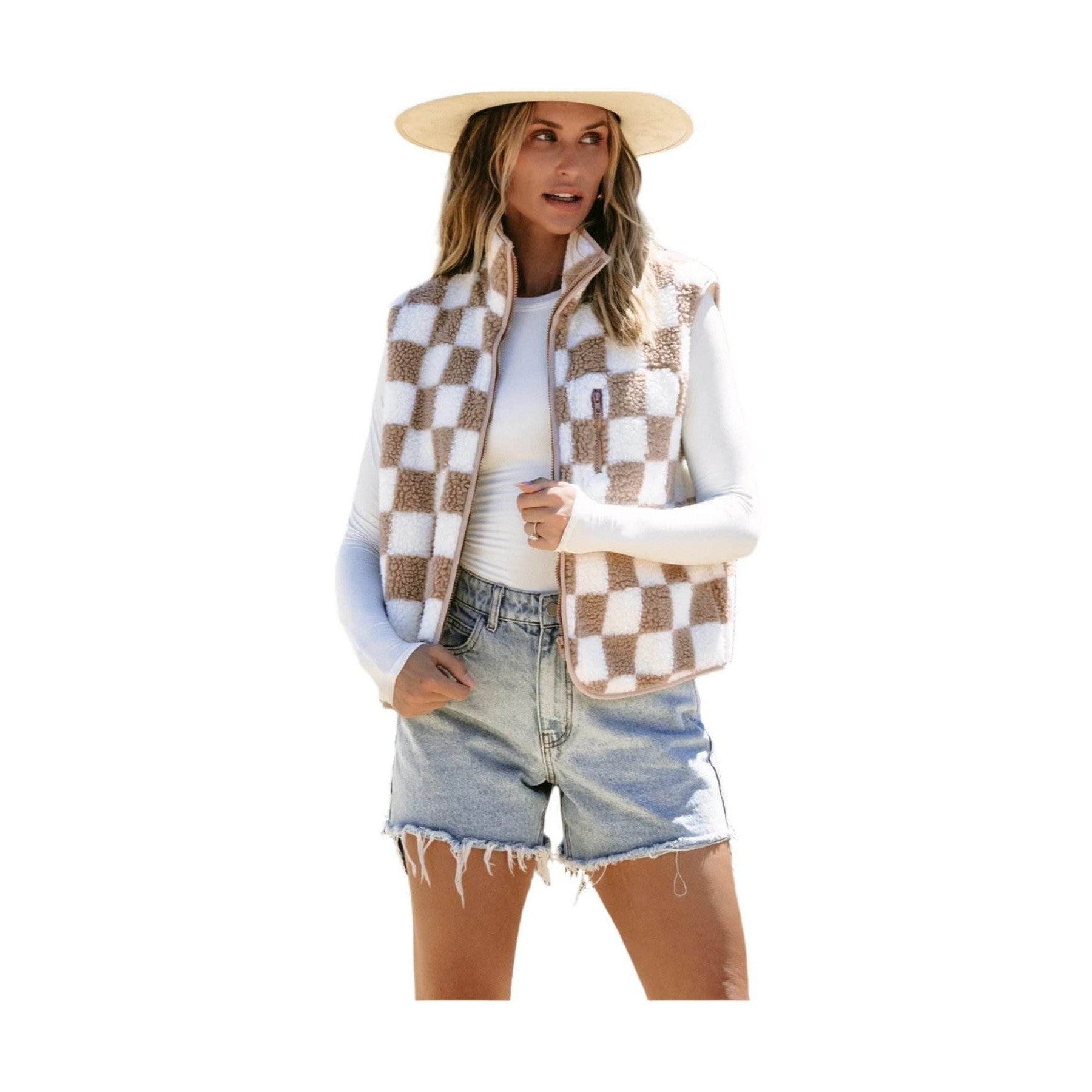 Khaki Checkered Sherpa Collared Jacket Vest - VacationGrabs