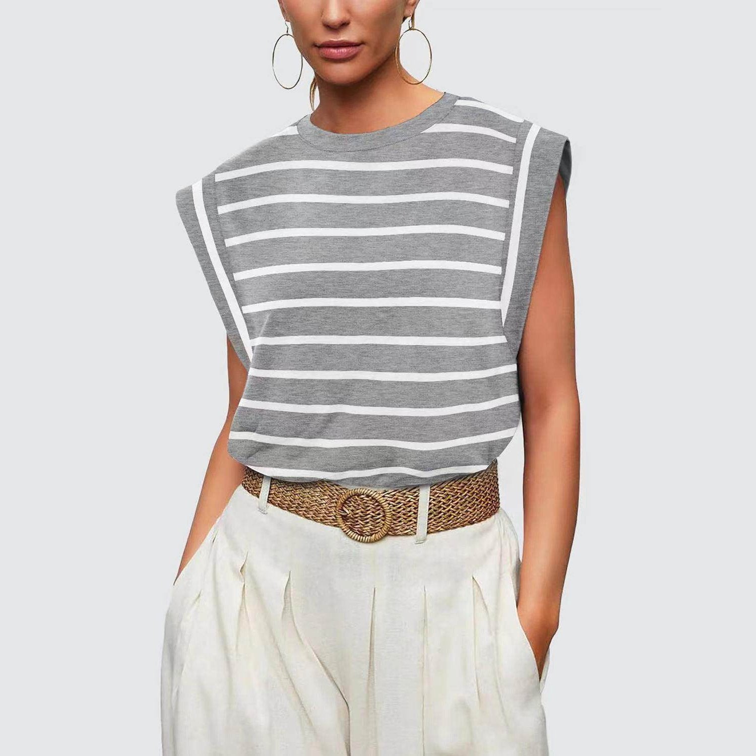 Striped Round Neck Cap Sleeve T-Shirt - VacationGrabs