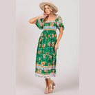 SAGE + FIG Printed Smocked Short Sleeve Midi Dress - VacationGrabs