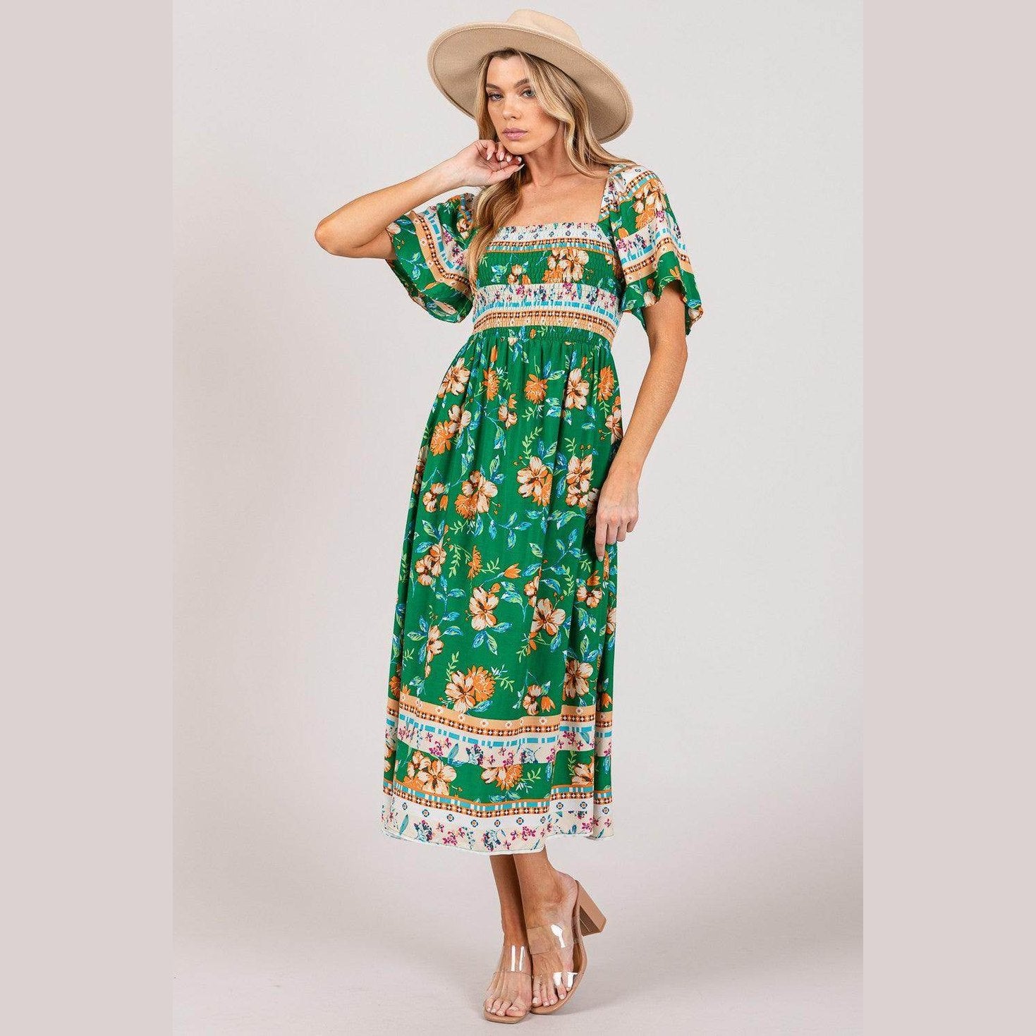 SAGE + FIG Printed Smocked Short Sleeve Midi Dress - VacationGrabs