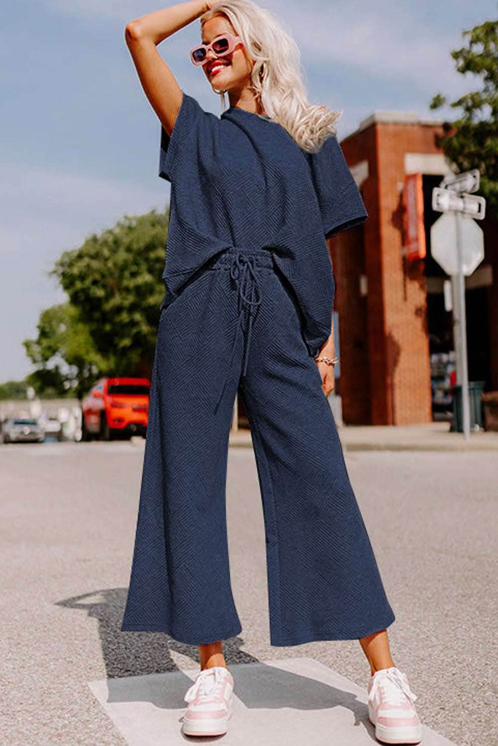 Navy Blue Textured Loose Fit T Shirt and Drawstring Pants Set - VacationGrabs