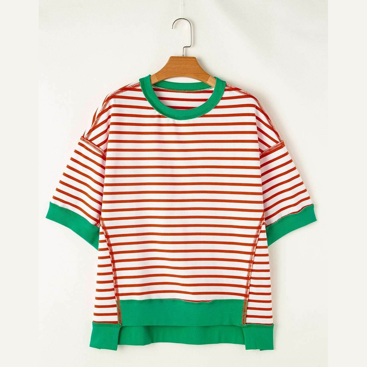 Orange Stripe Oversized Contrast Trim Exposed Seam High Low T Shirt - VacationGrabs