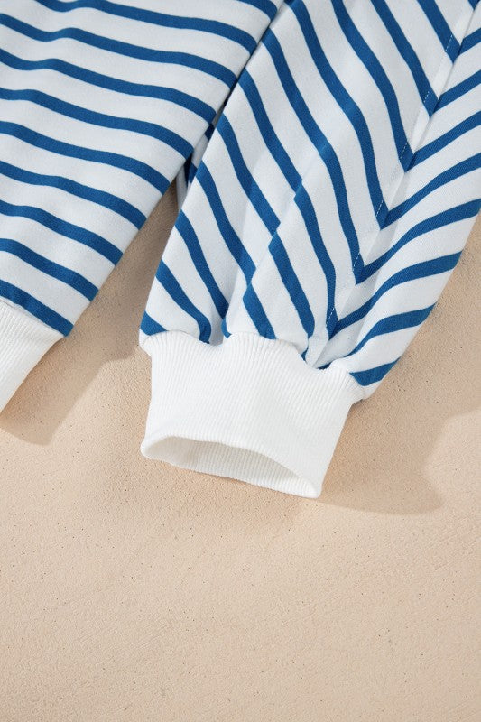 JUNIPER BLVD striped drop shoulder sweatshirt with blue and white stripes and contrasting cuffs