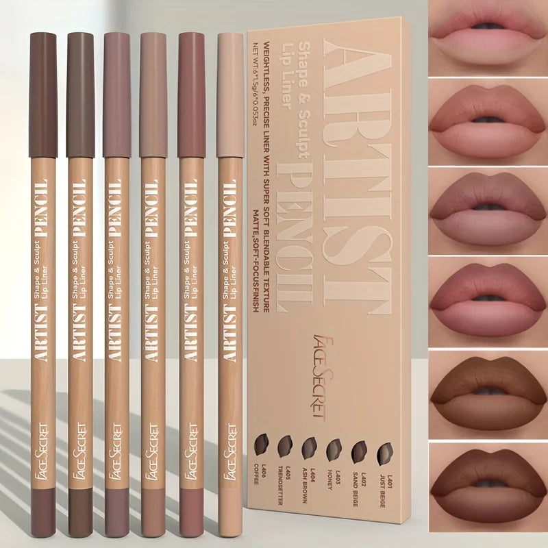 Velvet matte lip liner set with six shades for defining lips
