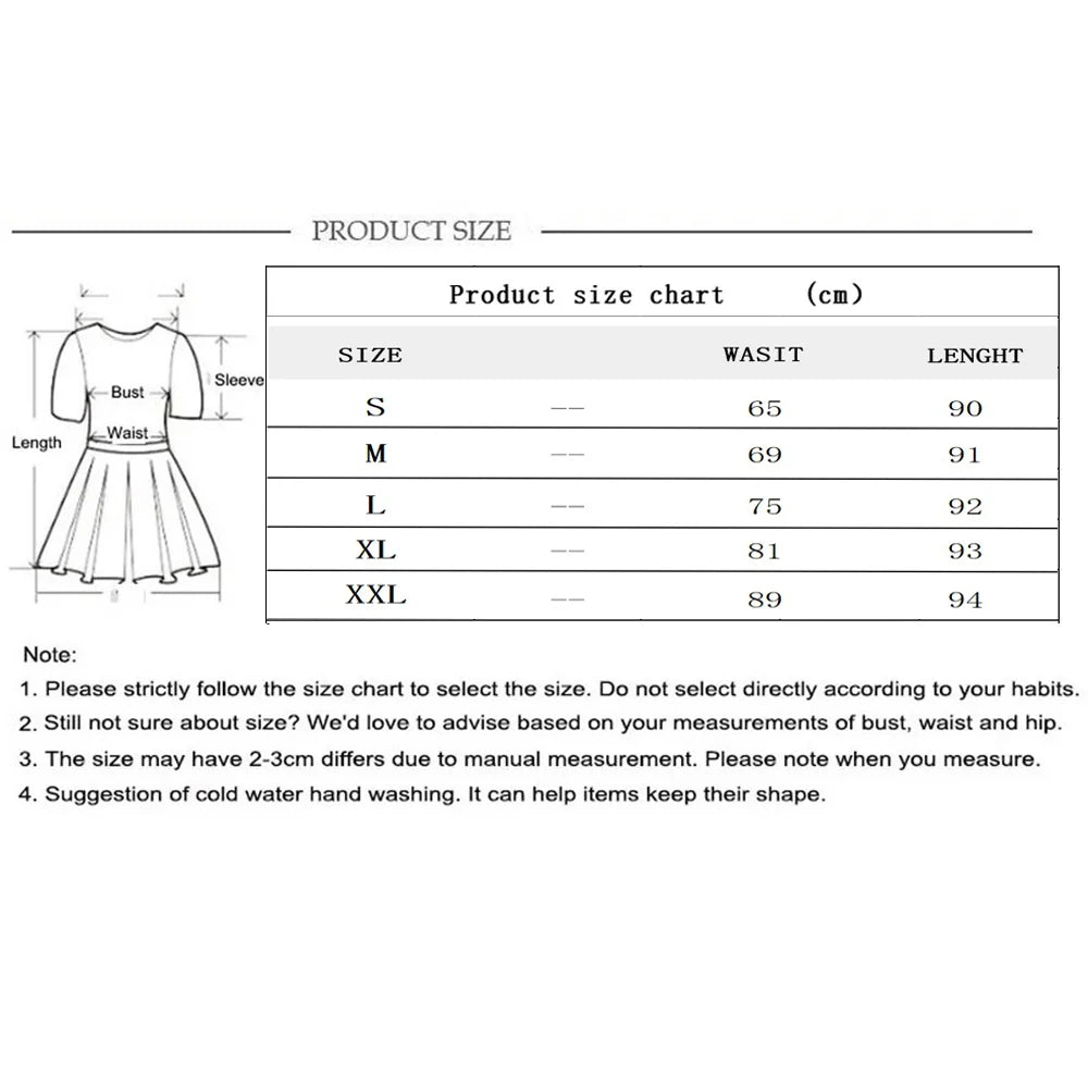 Size chart for black sheer lace skirt with shorts including waist and length measurements in centimeters