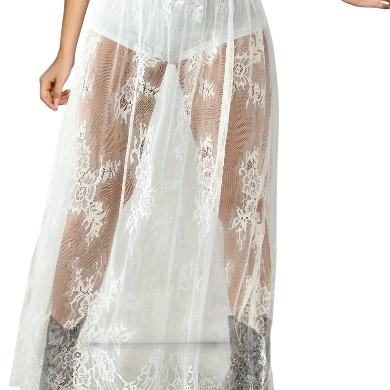 White sheer lace skirt featuring black sheer lace skirt with shorts underneath for layered style