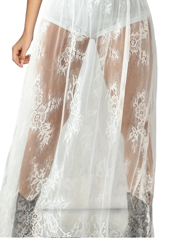 White sheer lace skirt featuring black sheer lace skirt with shorts underneath for layered style
