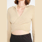 Emory Park Women's Cropped Top in Beige Ribbed Knit with Orange Collared Top Fashion